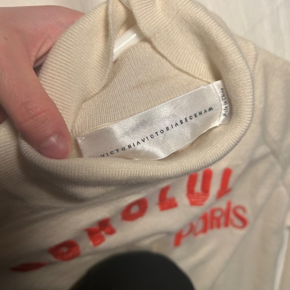 VICTORIAVICTORIA BECKHAM 100% wool cream red city embroidered turtleneck sweater - Picture 6 of 13